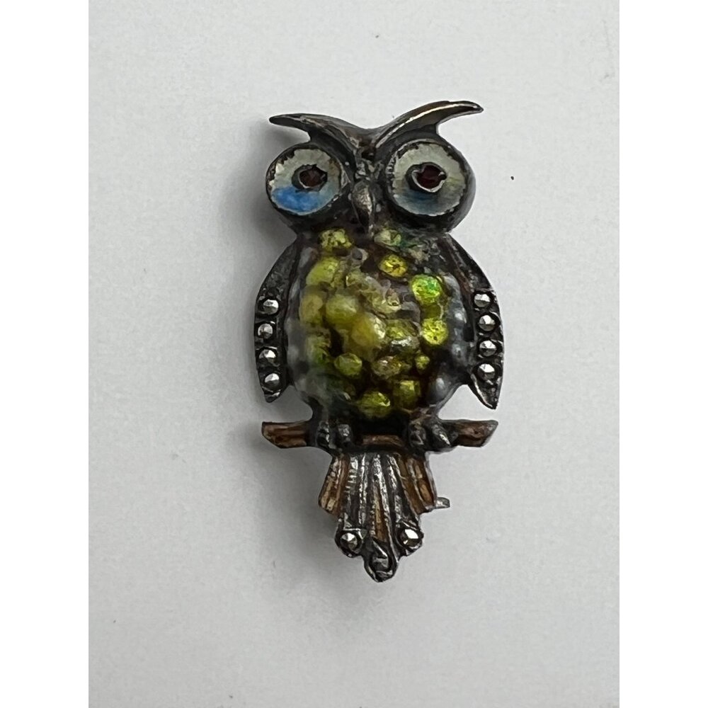 Alice Caviness Brooch Sterling Guilloche Enamel Marcasite Owl Bird Pin Brooch